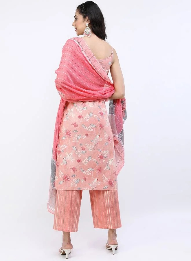 فيشود Floral Print Strappy Kurta and Palazzo with Dupatta Set by Styli
