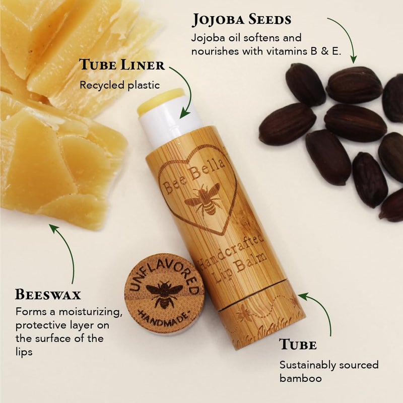Bee Bella Lip Balm, Unscented (Unflavored), 3 Pack - Moisturizing Lip Care, 100% Natural, Original Organic Beeswax with Vitamin E, Handmade in USA - Image 4