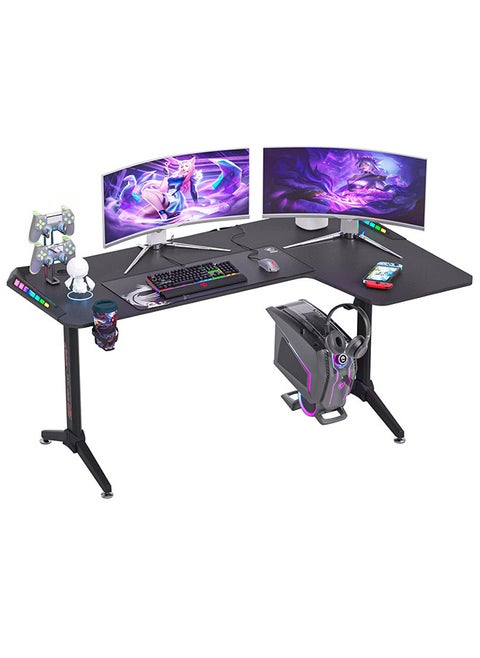 L-Shaped Gaming Desk Computer 160 x 100cm Large Corner Game Table Carbon Fiber Black Desktop Gamer Desks with 6 Colors 8 Modes RGB Light Cable Headphone Hook and Cup Holder