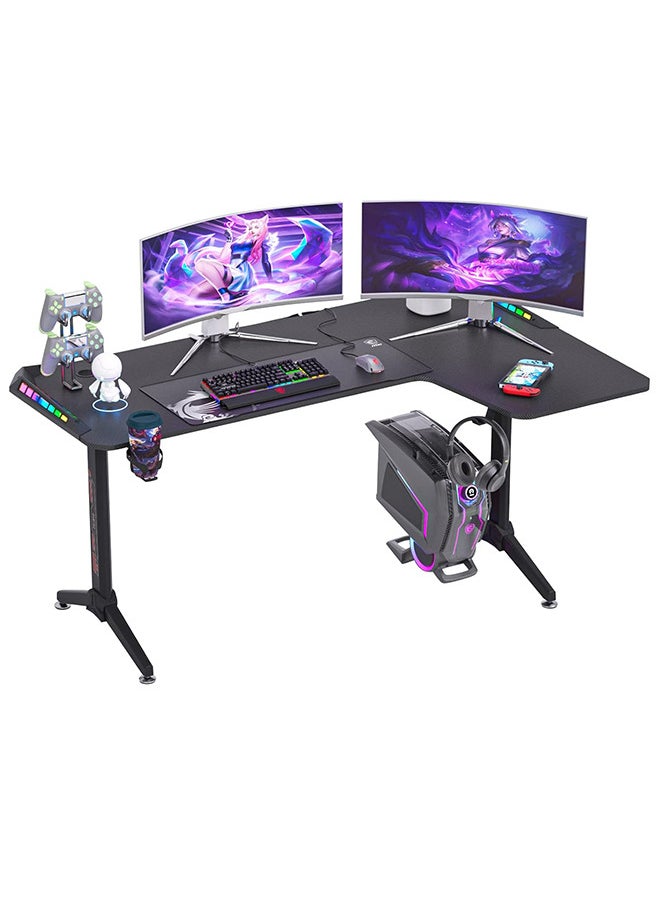 Generic - L-Shaped Gaming Desk Computer 160 x 100cm Large Corner Game Table Carbon Fiber Black Desktop Gamer Desks with 6 Colors 8 Modes RGB Light Cable Headphone Hook and Cup Holder - Image 1