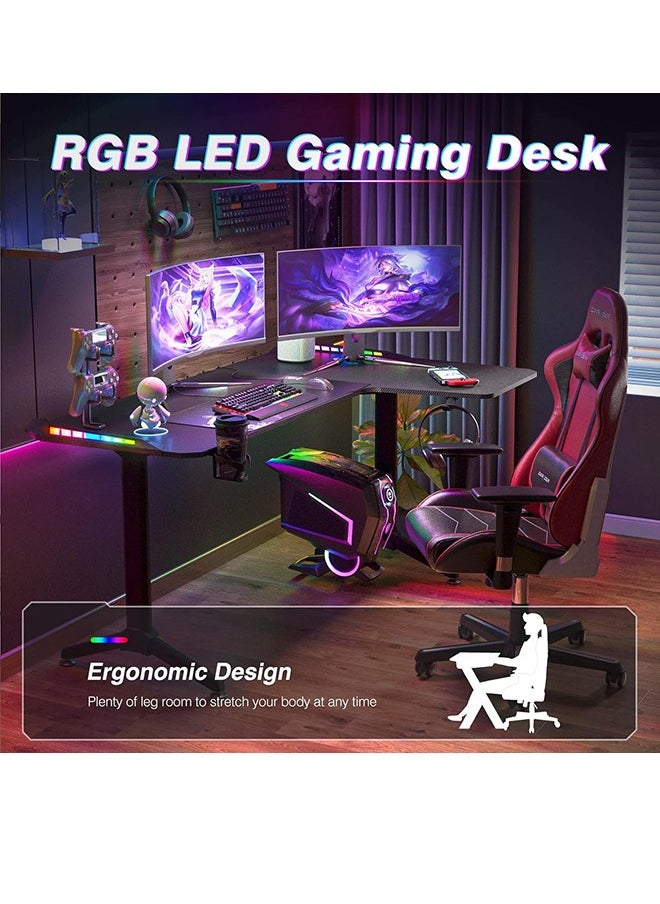 Generic - L-Shaped Gaming Desk Computer 160 x 100cm Large Corner Game Table Carbon Fiber Black Desktop Gamer Desks with 6 Colors 8 Modes RGB Light Cable Headphone Hook and Cup Holder - Image 1