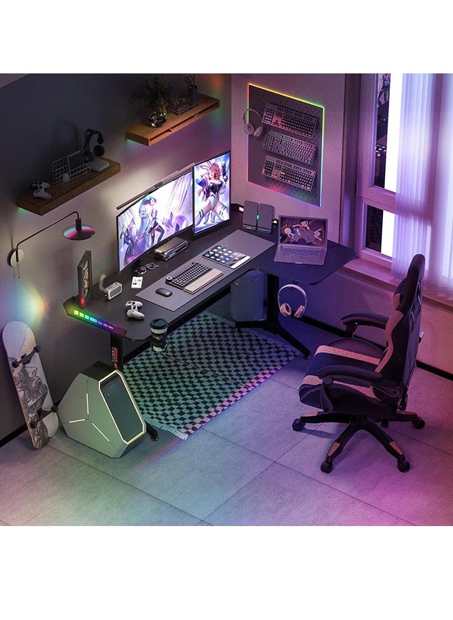 Generic - L-Shaped Gaming Desk Computer 160 x 100cm Large Corner Game Table Carbon Fiber Black Desktop Gamer Desks with 6 Colors 8 Modes RGB Light Cable Headphone Hook and Cup Holder - Image 1