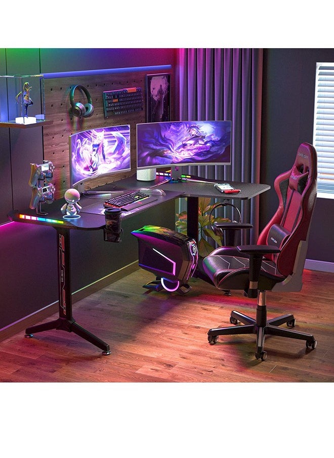 Generic - L-Shaped Gaming Desk Computer 160 x 100cm Large Corner Game Table Carbon Fiber Black Desktop Gamer Desks with 6 Colors 8 Modes RGB Light Cable Headphone Hook and Cup Holder - Image 1