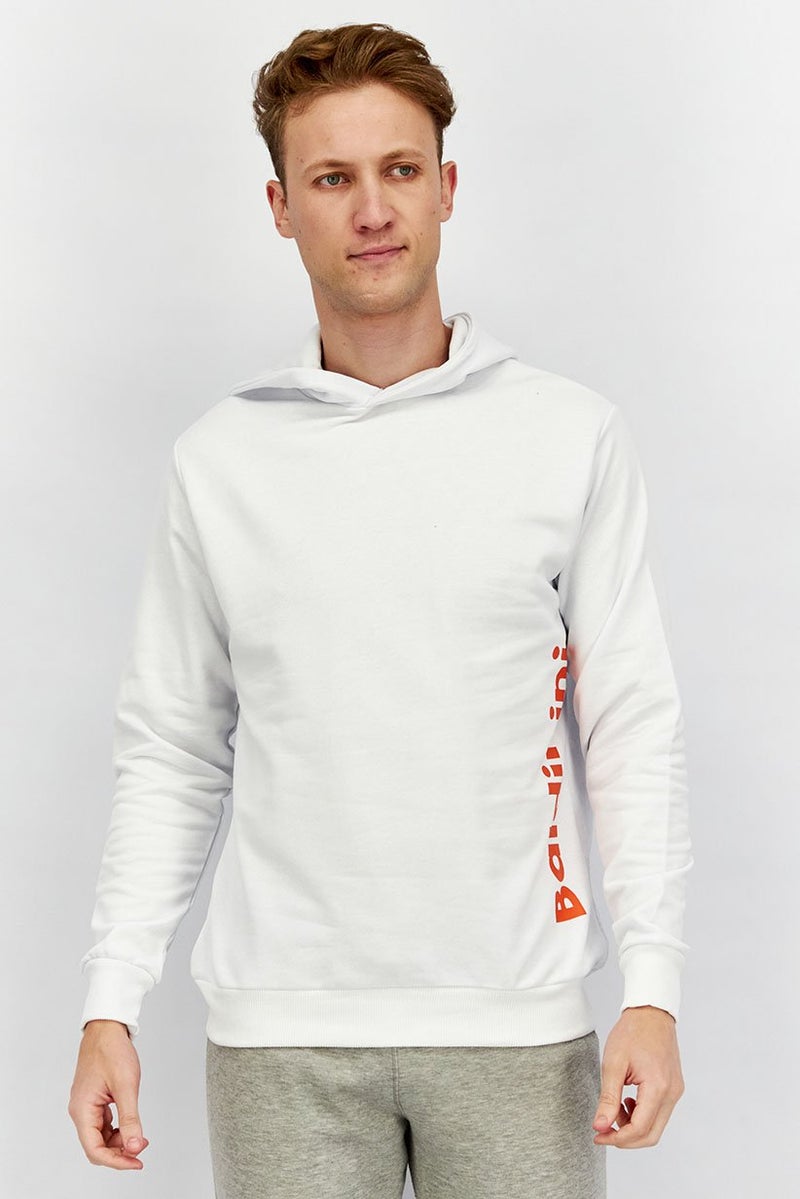 Baldinini Men Brand Logo Long Sleeve Hoodies Sweatshirt, White and Orange - Image 1