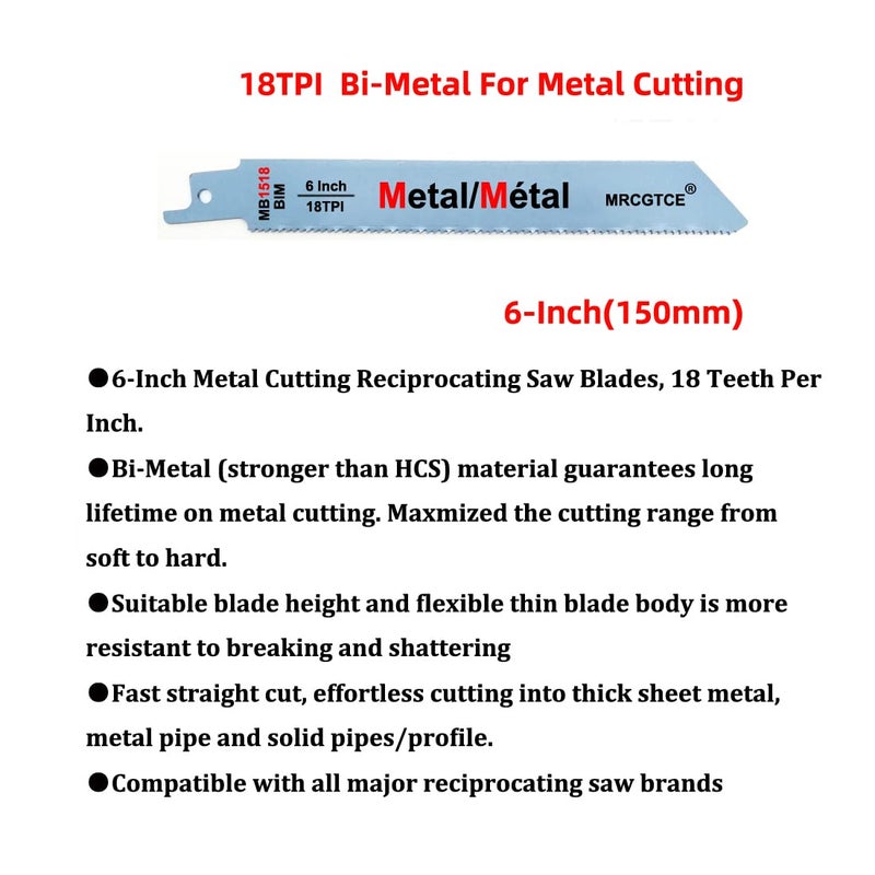 MRCGTCE Metal Cutting Reciprocating Saw Blade, 6-Inch 18TPI Bi-Metal Recip Saw Blades (10pcs) - Image 2