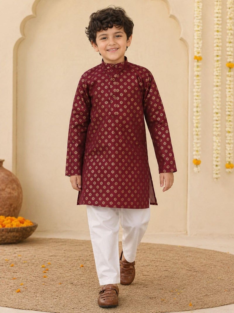 AJ DEZINES Kids Cotton Full Sleeve Foil Printed Maroon Kurta Pajama Set for Boys - Ethnic wear | Special Occasion & Traditional Outfit |Boys Kurta Set - Regular Fit (1297-MAROON-2-3Y-2) - Image 2