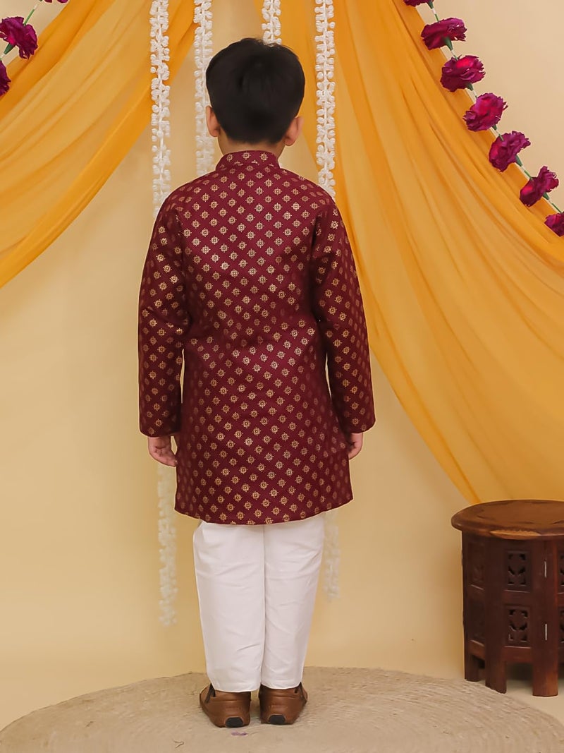 AJ DEZINES Kids Cotton Full Sleeve Foil Printed Maroon Kurta Pajama Set for Boys - Ethnic wear | Special Occasion & Traditional Outfit |Boys Kurta Set - Regular Fit (1297-MAROON-2-3Y-2) - Image 3