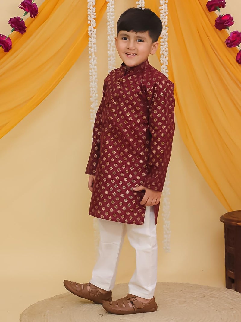 AJ DEZINES Kids Cotton Full Sleeve Foil Printed Maroon Kurta Pajama Set for Boys - Ethnic wear | Special Occasion & Traditional Outfit |Boys Kurta Set - Regular Fit (1297-MAROON-2-3Y-2) - Image 5