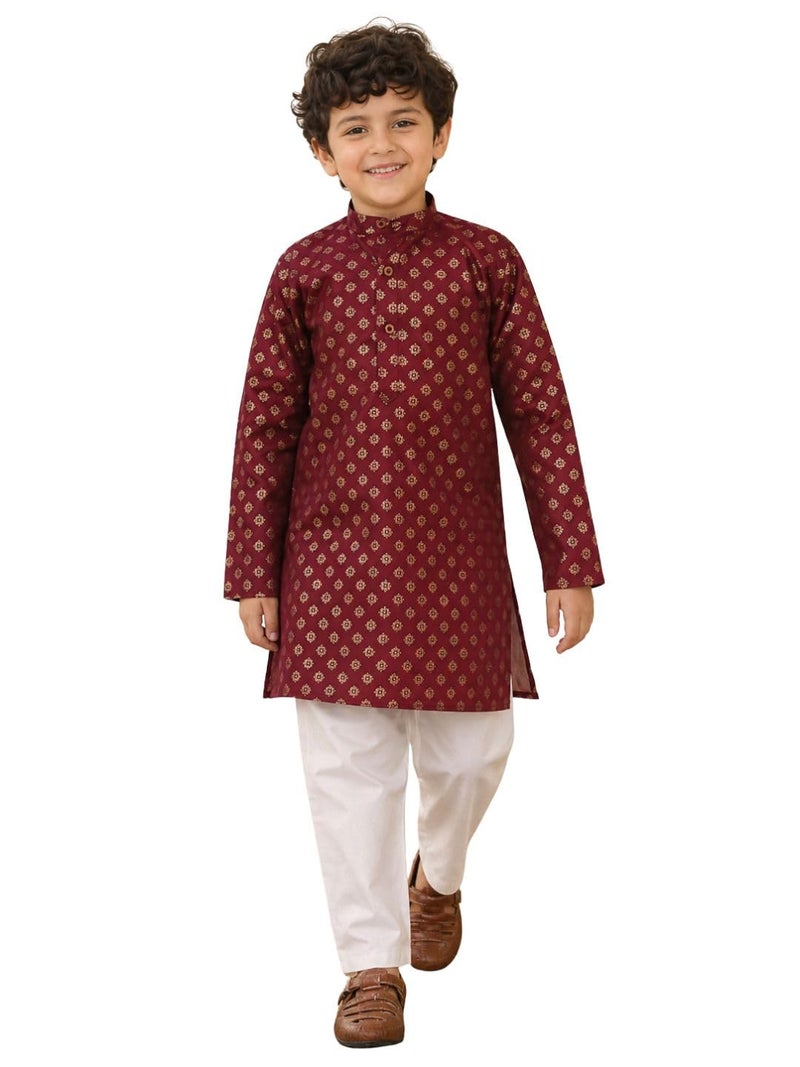 AJ DEZINES Kids Cotton Full Sleeve Foil Printed Maroon Kurta Pajama Set for Boys - Ethnic wear | Special Occasion & Traditional Outfit |Boys Kurta Set - Regular Fit (1297-MAROON-2-3Y-2) - Image 1