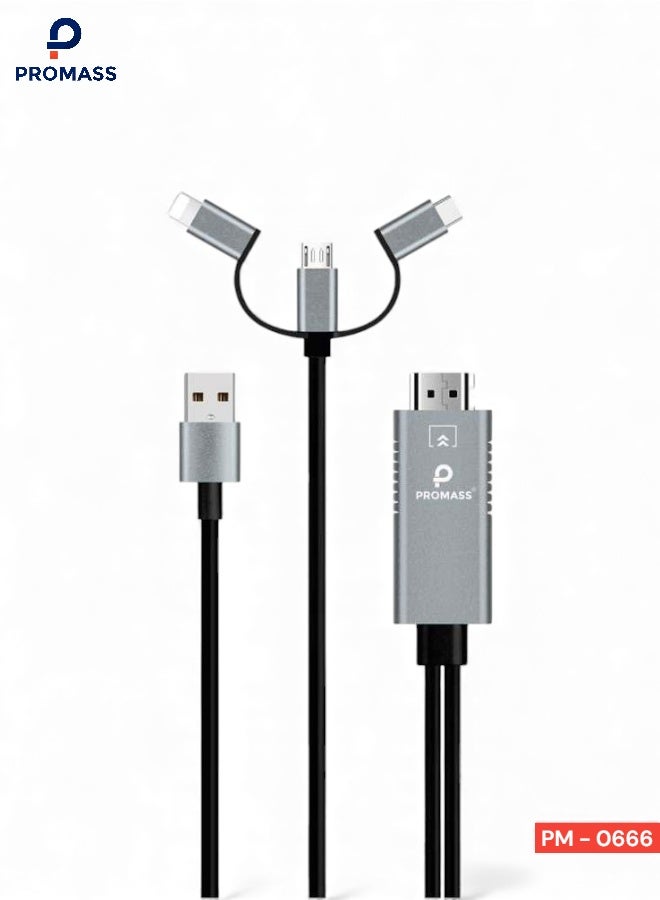بروماس كيبل HDMI  للموبايل 3in1 لنقل الصورة من الموبايل الى التلفزيون، كيبل اضاءة HDMI USB/ ثلاث منافذ لايتينج, يو اس بي نوع C, ميكرو الى HDMI 1080P متوافق مع سلسة ايفون 17 16 15 14 13 12 11 X 8 7, جالكسي S25 S24 S23 S22 الترا و لاجهزة اندرويد 5.0 واي او اس 8.0 فما فوق - متوافق مع جميع الاجهزة - Image 1