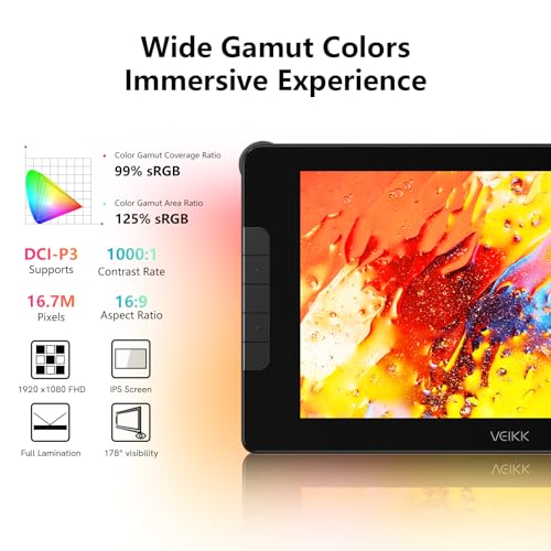 VEIKK VK1200 V2 Drawing Tablet with Screen,11.6-inch Full-Laminated Graphic Drawing Monitor,2 Battery-Free Pens with Tilt Function,6 Customizable Keys,Anti-Glare Glass(Must be Connected to PC to Work) - Image 3