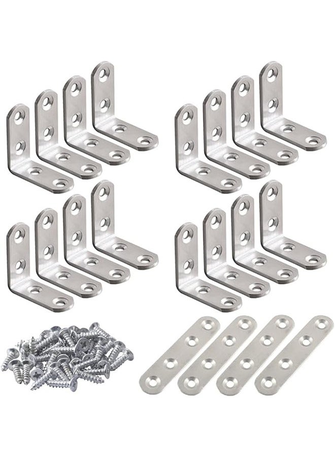 TodyJeyHo 20 Pcs Stainless Steel Corner Braces, 16 Pcs 40 x 40mm 90 Degree Right Angle L-Shaped Bracket Joint and 4 Pcs Plat Straight Braces Fastener for Wood Shelf Cabinet Chair Table, with 80 Screws - Image 1