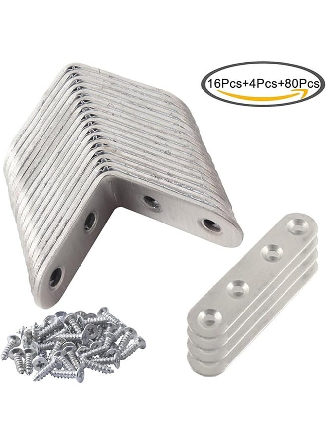 TodyJeyHo 20 Pcs Stainless Steel Corner Braces, 16 Pcs 40 x 40mm 90 Degree Right Angle L-Shaped Bracket Joint and 4 Pcs Plat Straight Braces Fastener for Wood Shelf Cabinet Chair Table, with 80 Screws - Image 2