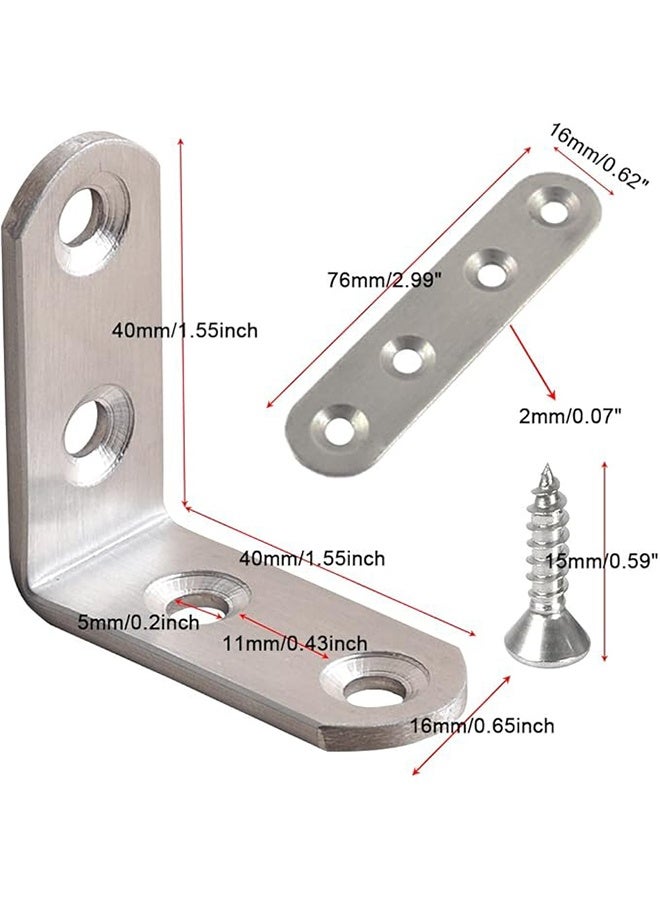 TodyJeyHo 20 Pcs Stainless Steel Corner Braces, 16 Pcs 40 x 40mm 90 Degree Right Angle L-Shaped Bracket Joint and 4 Pcs Plat Straight Braces Fastener for Wood Shelf Cabinet Chair Table, with 80 Screws - Image 4