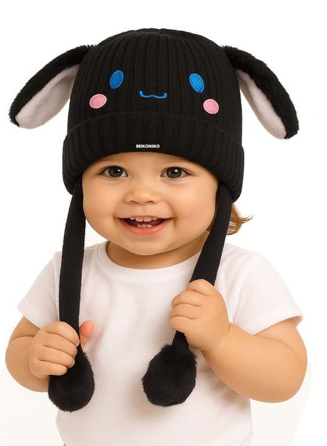 MIKONIKO Bunny Cap with Moving Ears for Kids (1–10 Yrs) | Plush Wool Winter Hat | Cute Girls Headwear & Funny Cap_Black - Image 1