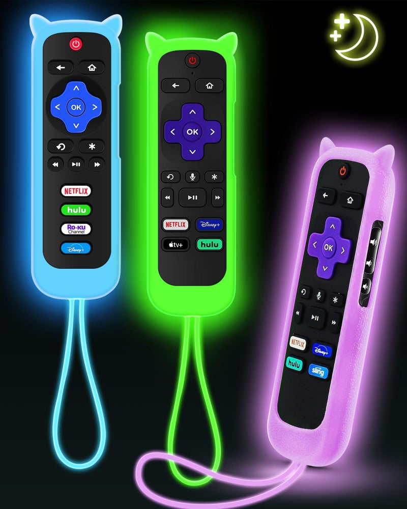 OneBom 3Pcs Remote Cover for Roku with Cat Ears Design, Silicone Skin Case Compatible with Hisense/TCL Roku TV, Steaming Stick/Express, Universal Replacement Controller. Glow in The Dark Green/Blue/Purple - Image 1