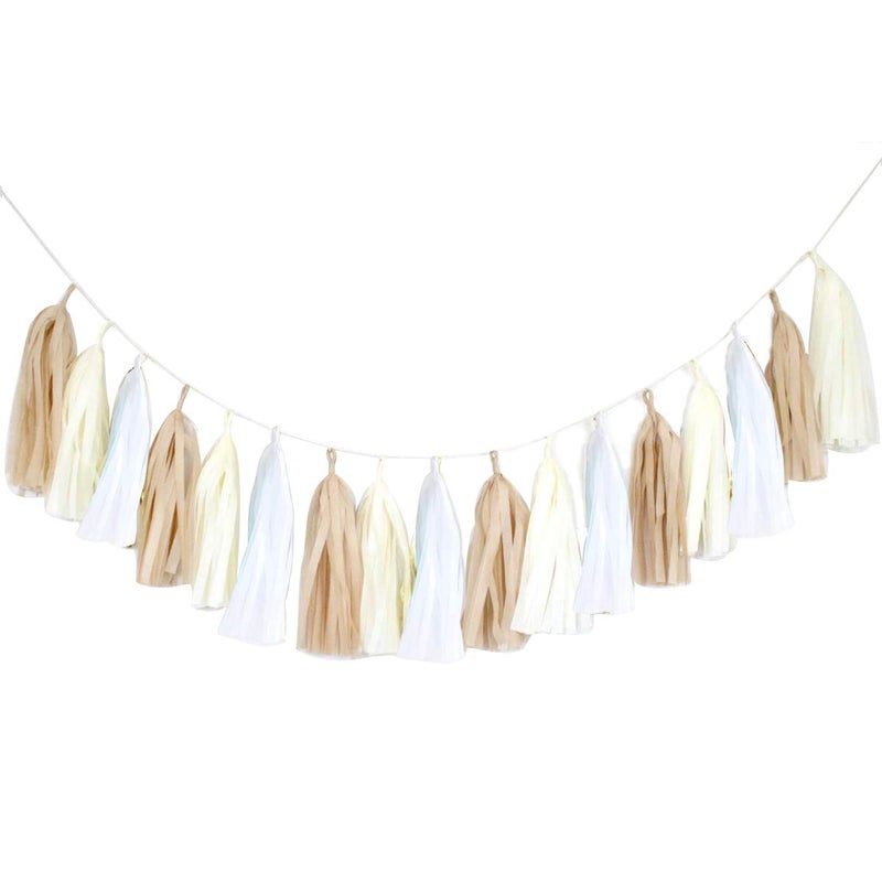 ALLHEARTDESIRES 15PCS DIY Tissue Tassel Garland Tan Brown Cream Neutral Nude Party Streamers Backdrop for Boho Baby Bridal Shower Shower Wedding Nursery Classroom Hanging Decorations