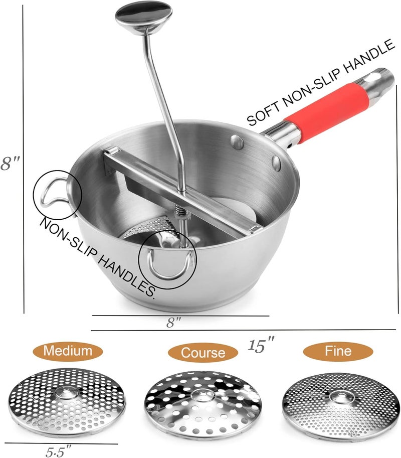 Bezrat Food Mill Stainless Steel - 3 food grinder Discs - Potato ricer for mashed potatoes - Grain mill hand crank for Mashing, Straining & Grating Fruits & Vegetables - Baby food mill - (Red) - Image 3