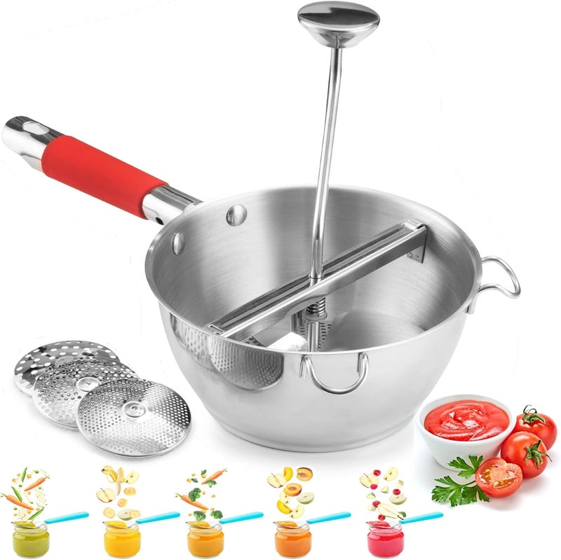 Bezrat Food Mill Stainless Steel - 3 food grinder Discs - Potato ricer for mashed potatoes - Grain mill hand crank for Mashing, Straining & Grating Fruits & Vegetables - Baby food mill - (Red) - Image 1