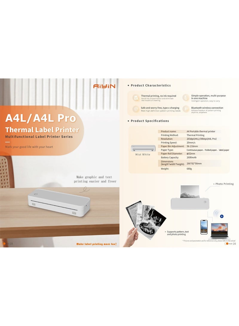 AiYin A4L A4 Portable Thermal Printer, Inkless Wireless Printing, Supports Roll & Folded Thermal Paper & Label, USB-C Charging, 203 DPI, 2600mAh Battery, iOS Android Windows macOS - Image 4