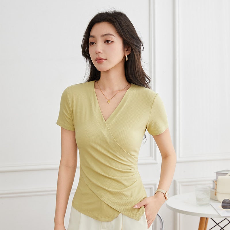Irregular Short-Sleeved T-Shirt Women'S Cross Design Sense Solid Color Slim-Fit All-Match Top Ym2521 - Image 1