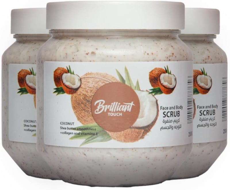 Brilliant Touch Face & Body Scrub Bundle of 3 Pcs 250ML each COCONUT oil Scrub with Shea Butter, Collagen & Vitamin E | Deep Cleansing, Moisturizing & Skin Rejuvenation for Smooth, Radiant Skin
