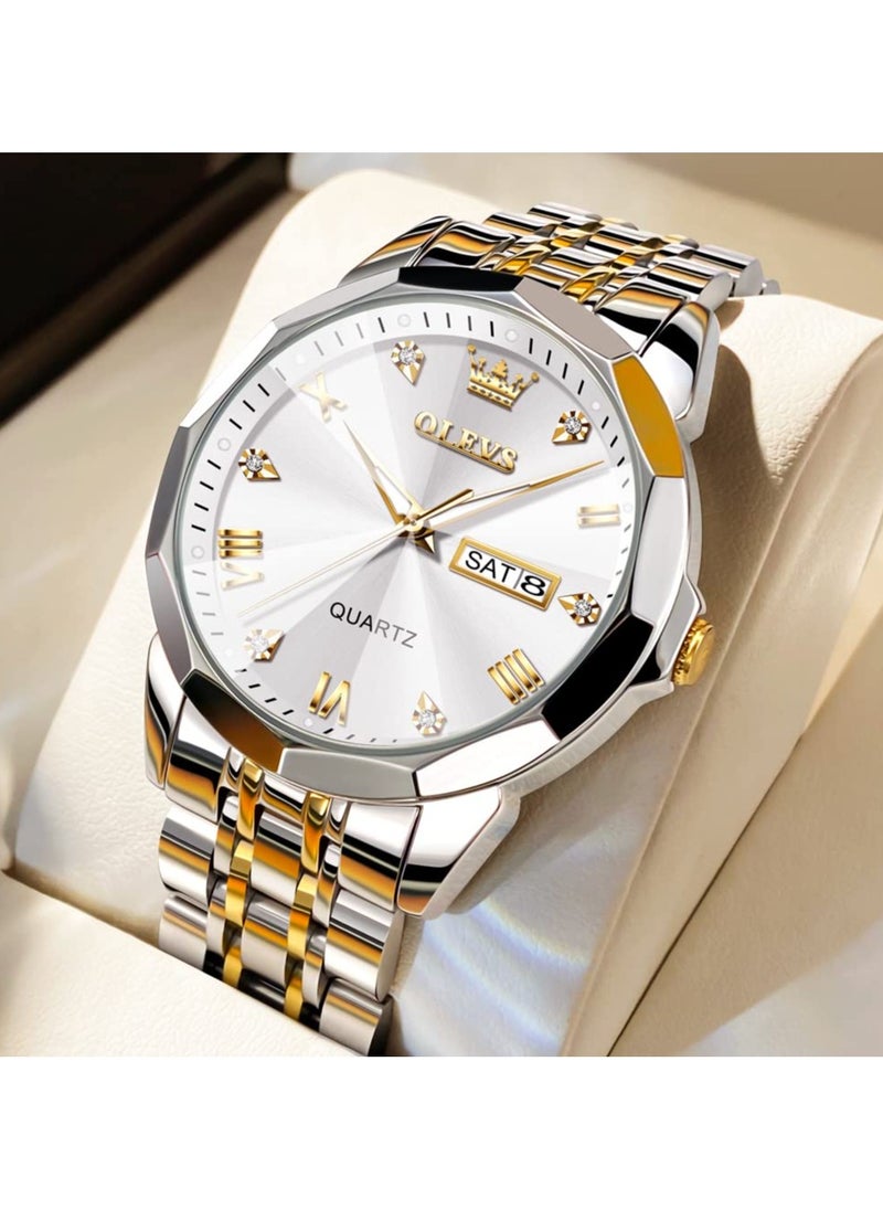 OLEVS - OLEVS Watch for Men Quartz Stainless Steel Waterproof Luminous Date Two Tone Luxury Wrist Watch - Image 1