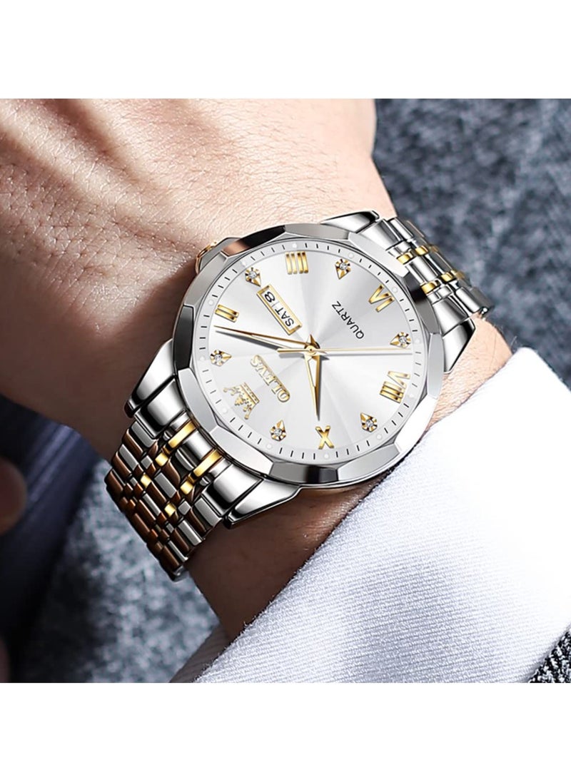 OLEVS - OLEVS Watch for Men Quartz Stainless Steel Waterproof Luminous Date Two Tone Luxury Wrist Watch - Image 1
