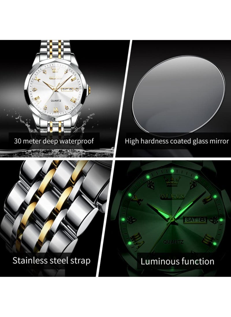OLEVS - OLEVS Watch for Men Quartz Stainless Steel Waterproof Luminous Date Two Tone Luxury Wrist Watch - Image 1