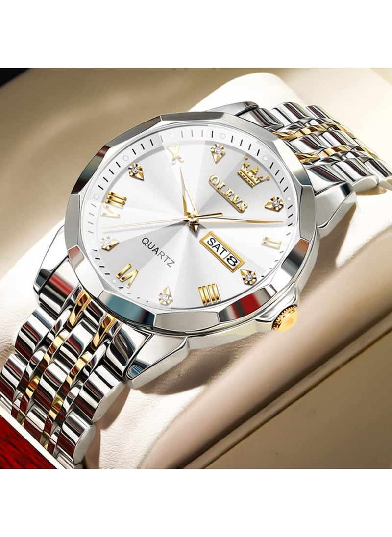 OLEVS - OLEVS Watch for Men Quartz Stainless Steel Waterproof Luminous Date Two Tone Luxury Wrist Watch - Image 1