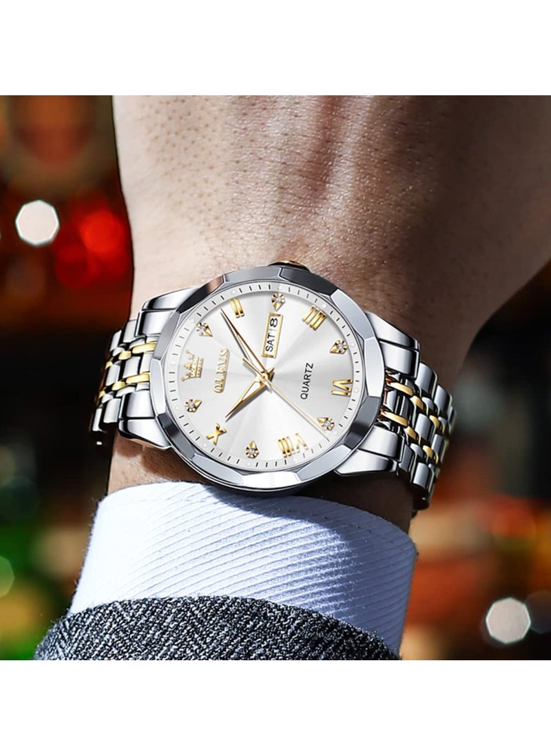 OLEVS - OLEVS Watch for Men Quartz Stainless Steel Waterproof Luminous Date Two Tone Luxury Wrist Watch - Image 1