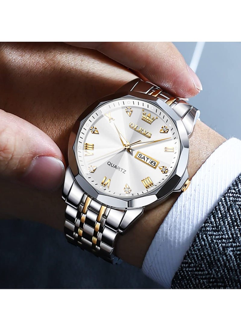 OLEVS - OLEVS Watch for Men Quartz Stainless Steel Waterproof Luminous Date Two Tone Luxury Wrist Watch - Image 1