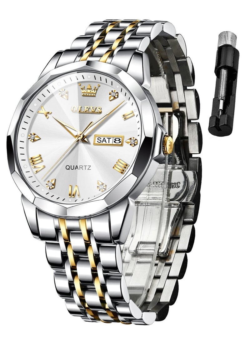OLEVS - OLEVS Watch for Men Quartz Stainless Steel Waterproof Luminous Date Two Tone Luxury Wrist Watch - Image 1