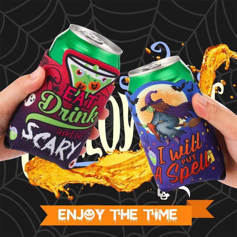 Shellwei 24 Pcs Shaped Halloween Can Cooler Sleeves 12 oz Creative Skinny Skull Cat Pumpkin bat witch ghost neoprene Drink Bottle Cooler Sleeve for Adult Halloween Party Favors Decoration  8 Design - Image 3