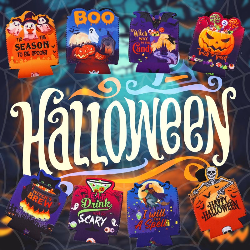 Shellwei 24 Pcs Shaped Halloween Can Cooler Sleeves 12 oz Creative Skinny Skull Cat Pumpkin bat witch ghost neoprene Drink Bottle Cooler Sleeve for Adult Halloween Party Favors Decoration  8 Design - Image 4