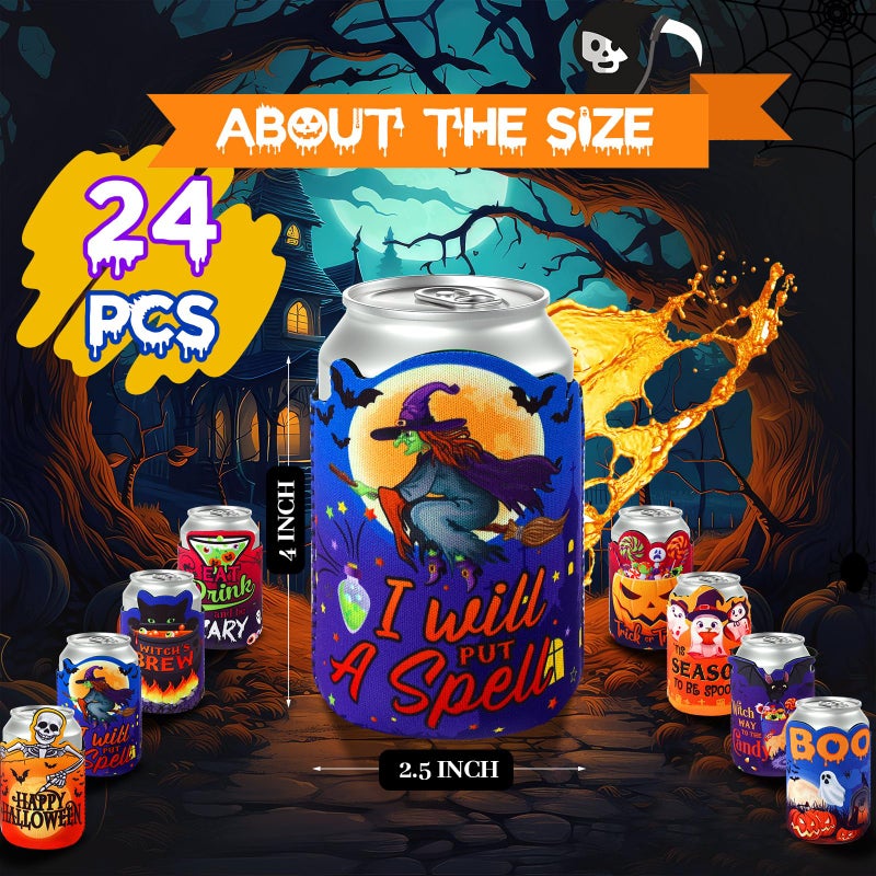 Shellwei 24 Pcs Shaped Halloween Can Cooler Sleeves 12 oz Creative Skinny Skull Cat Pumpkin bat witch ghost neoprene Drink Bottle Cooler Sleeve for Adult Halloween Party Favors Decoration  8 Design - Image 1