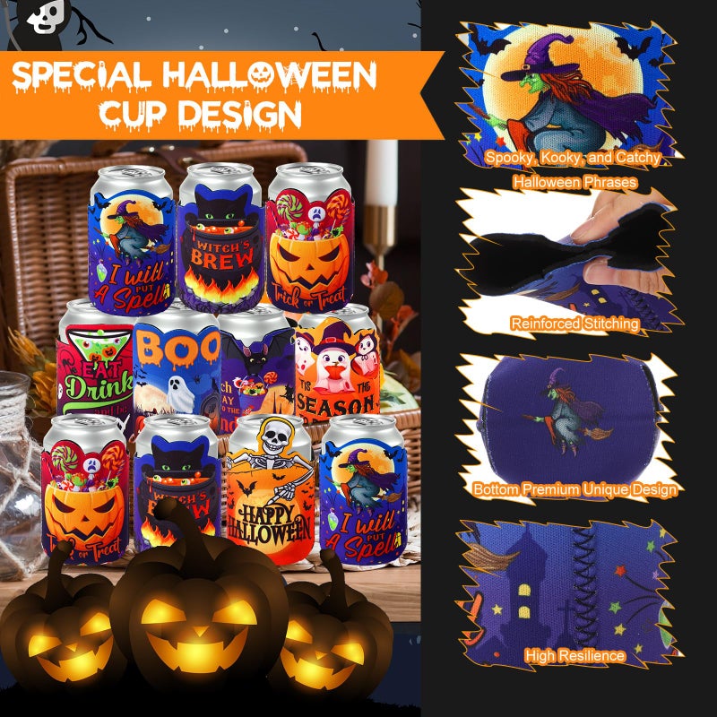 Shellwei 24 Pcs Shaped Halloween Can Cooler Sleeves 12 oz Creative Skinny Skull Cat Pumpkin bat witch ghost neoprene Drink Bottle Cooler Sleeve for Adult Halloween Party Favors Decoration  8 Design - Image 2