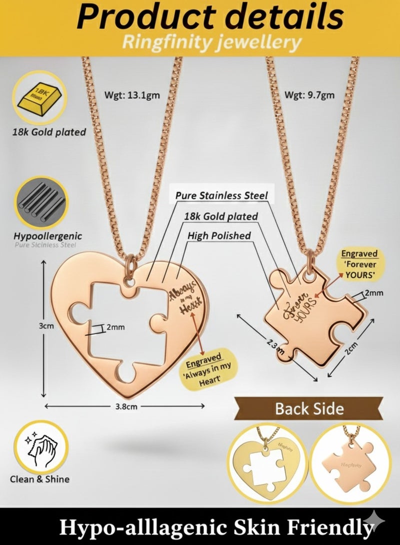 Ringfinity Romantic Couple Necklace Set - 2PCS Matching Pendants - Love Heart Puzzle Design - Premium Hypoallergenic Stainless Steel Jewelry - 18K Gold Plated, 18+2 Inch Extension - Ideal Gift for Couples - Image 4