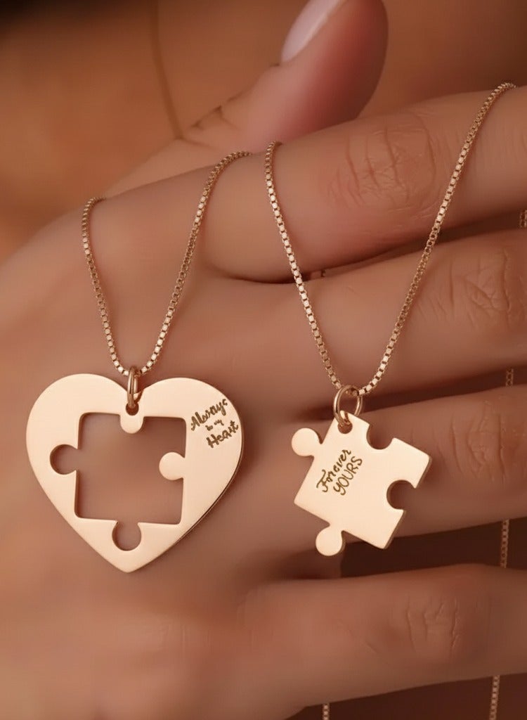 Ringfinity Romantic Couple Necklace Set - 2PCS Matching Pendants - Love Heart Puzzle Design - Premium Hypoallergenic Stainless Steel Jewelry - 18K Gold Plated, 18+2 Inch Extension - Ideal Gift for Couples - Image 1