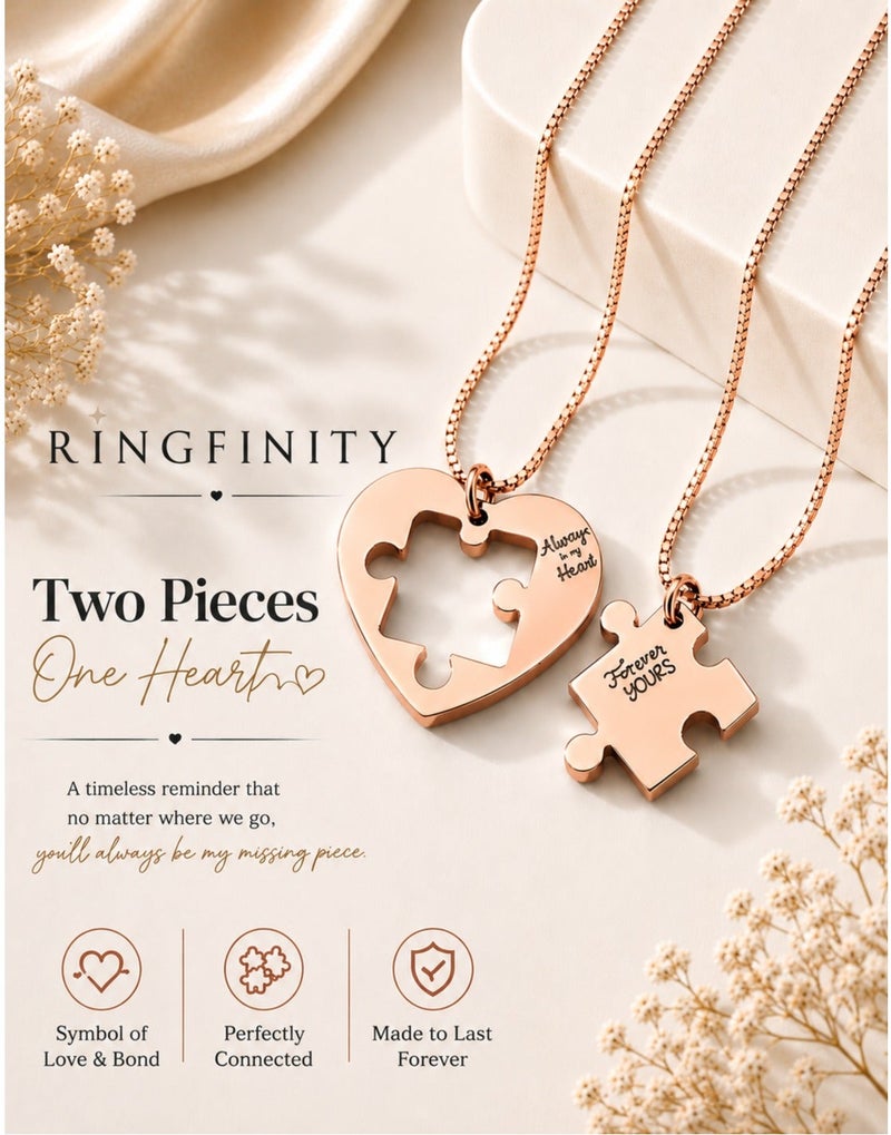 Ringfinity Matching Couple Necklace Set – Interlocking Heart Puzzle Pendants, 304L Stainless Steel Jewelry, Romantic Gift for Him & Her, Gold Finish, Valentine’s & Anniversary Gift Box - Image 2
