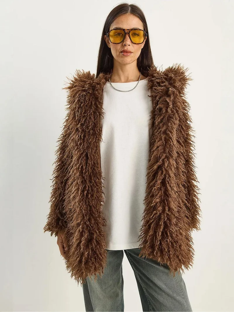 Bianco Lucci LUCCI Oversize Hooded Faux Fur Jacket