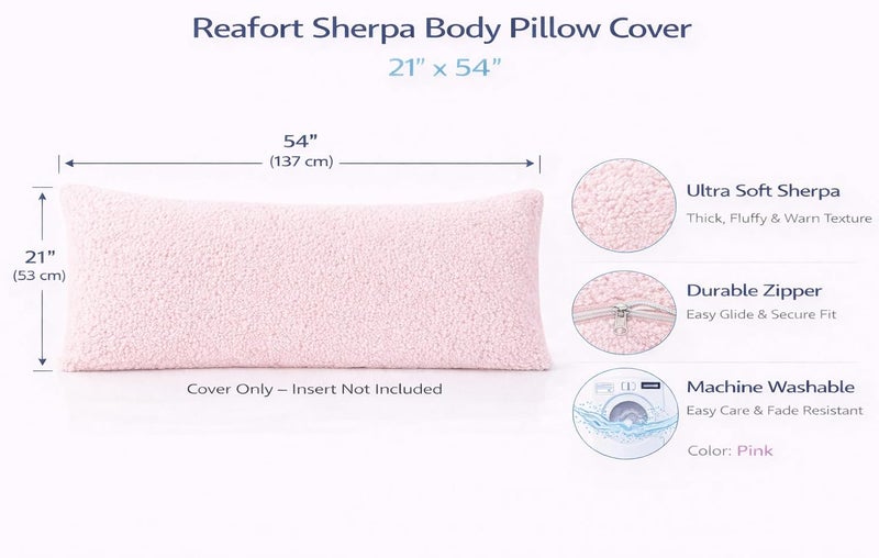 Reafort Ultra Soft Sherpa Body Pillow Cover/Case with Zipper Closure 21"x54" (21"x54" Body Pillow Cover, Pink) - Image 2