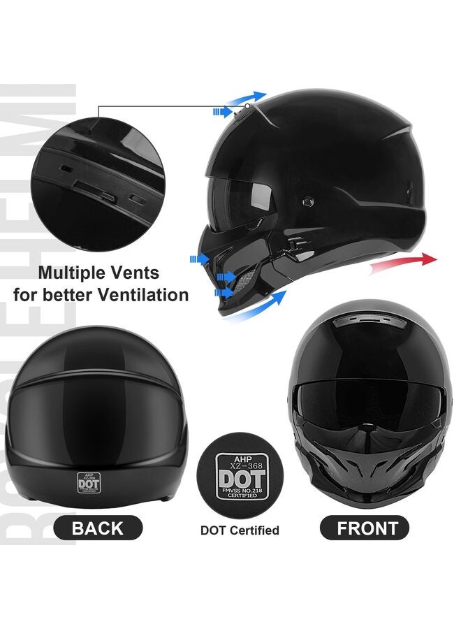 Full Face Motorcycle Helmet with Removable Mask Motocross Helmet for Bike Cruiser Scooter Bright Black L - Image 3