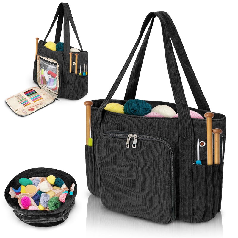 ORKELS Corduroy Crochet Tote & Yarn Bag - Portable Organizer for Yarn, Hooks & Accessories - Ideal Gift for Crocheters & Mother's Day (Black-15''x6.3''x12.6'') - Image 1
