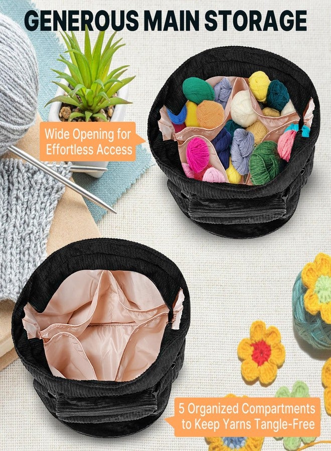ORKELS Corduroy Crochet Tote & Yarn Bag - Portable Organizer for Yarn, Hooks & Accessories - Ideal Gift for Crocheters & Mother's Day (Black-15''x6.3''x12.6'') - Image 3