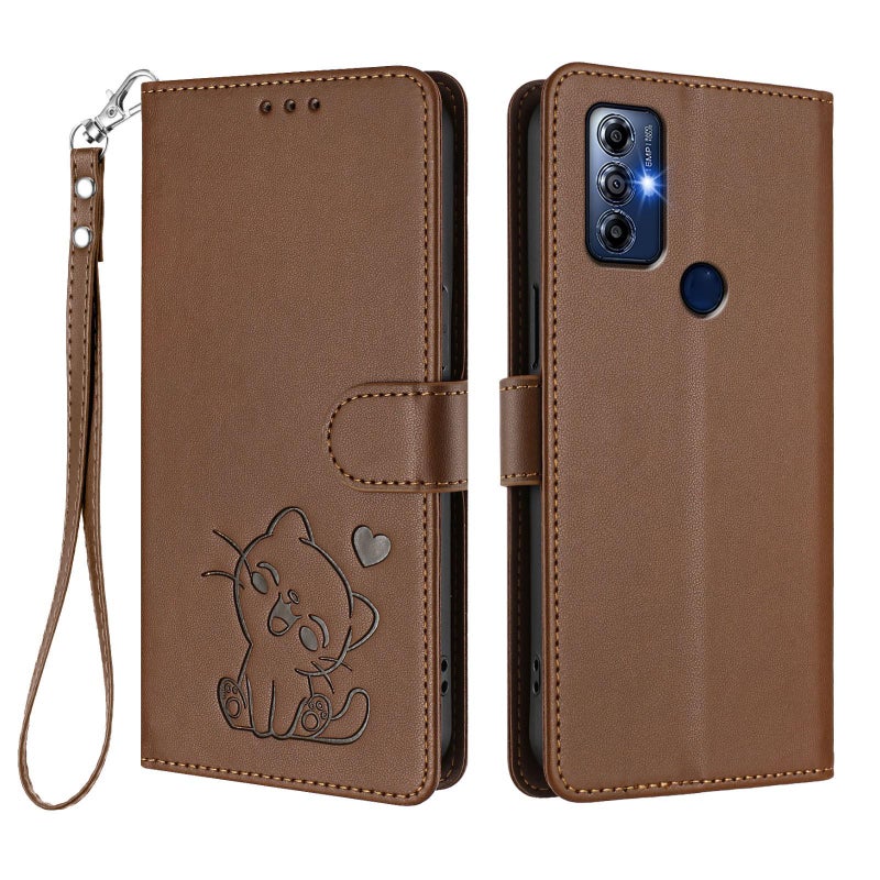 erorex For Motorola Moto G Play 2023 Embossed  Cat Leather Phone Case with Hand Strap(Brown) - Image 2
