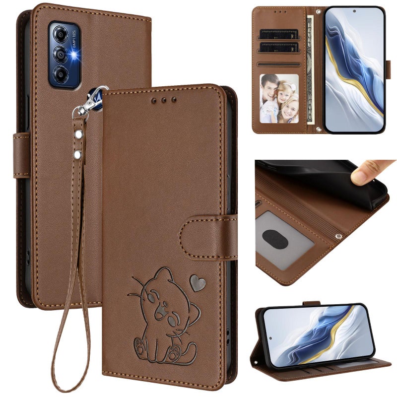 erorex For Motorola Moto G Play 2023 Embossed  Cat Leather Phone Case with Hand Strap(Brown) - Image 1