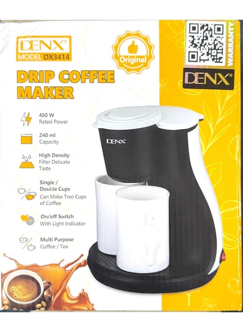 Denx DX3414 Drip Coffee Maker with 2 Ceramic Cups, 450W Coffee Machine, 240ml Capacity, Reusable Filter, Automatic Brewing, Compact Home & Office Coffee Maker, Black, 1 Year Warranty - Image 3