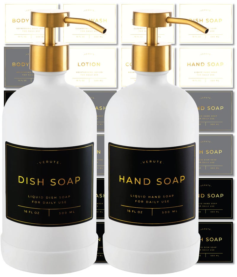 Verute 16oz Glass Soap Dispenser with Stainless Steel Pump 21 Waterproof Labels NonSlip Protective Silicone Pad Set of 2 for Bathroom Kitchen Matte White BottleBrushed Gold Pump