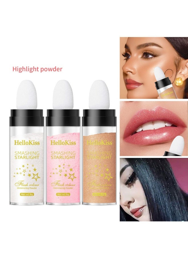 HelloKiss 3PCS Polvo De Hadas Maquillaje, Highlighter Powder Stick Makeup,Body Shine High Gloss Blush Contour Powder Makeup,Sparkle Patting Powder For Hair Face Eyes Body - Image 5